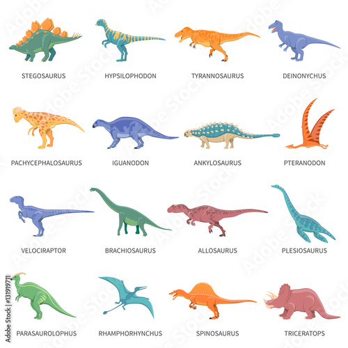 Fototapeta Naklejka Na Ścianę i Meble -  Dinosaurs Colored Isolated Icons Set