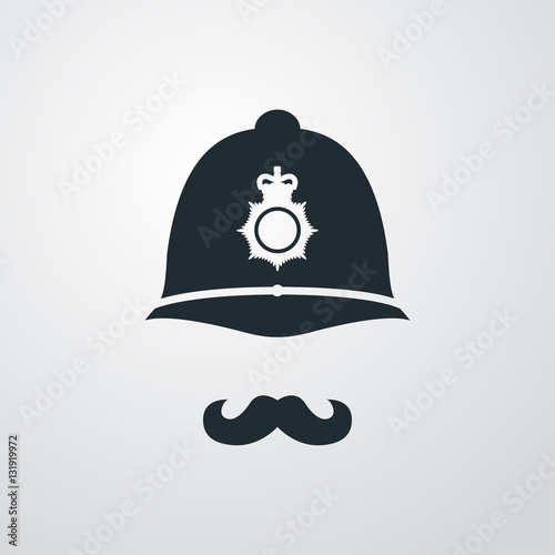 Icono plano casco policia britanico con bigote en fondo degradado
