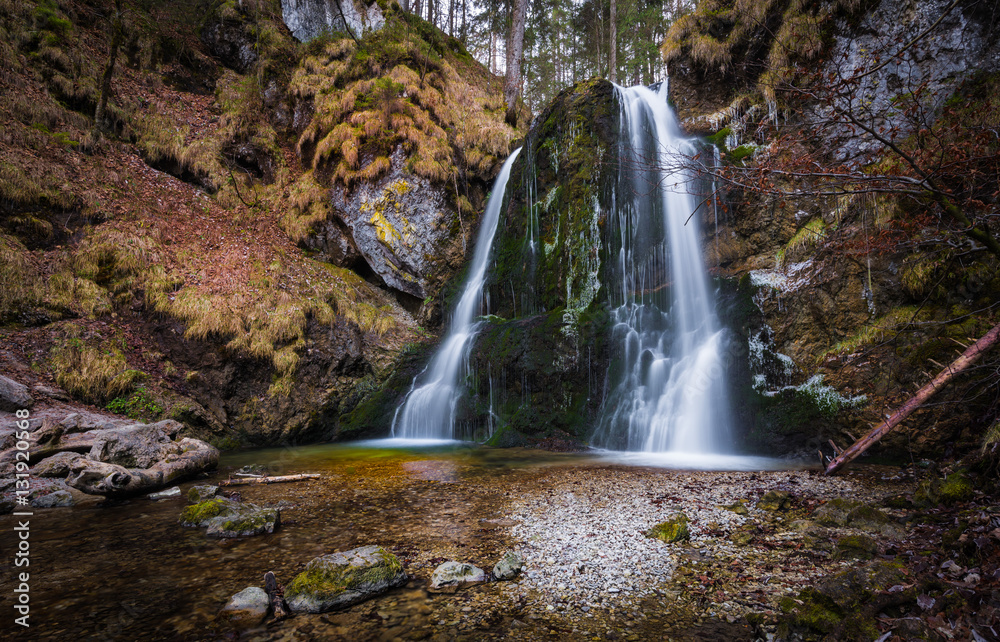 Obraz premium Waterfall in Josefsthal close to Lake Schliersee, Bavaria, Germany