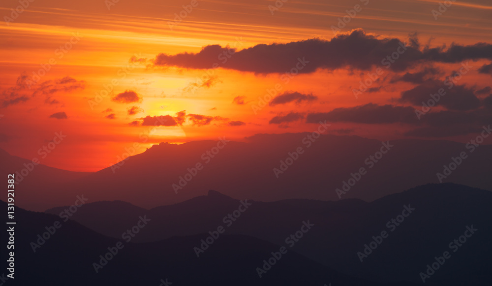 Sunset in the mountains. Rocks of South Demerdzhi at sunset