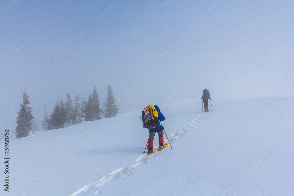 touristic group walking through a winter hills