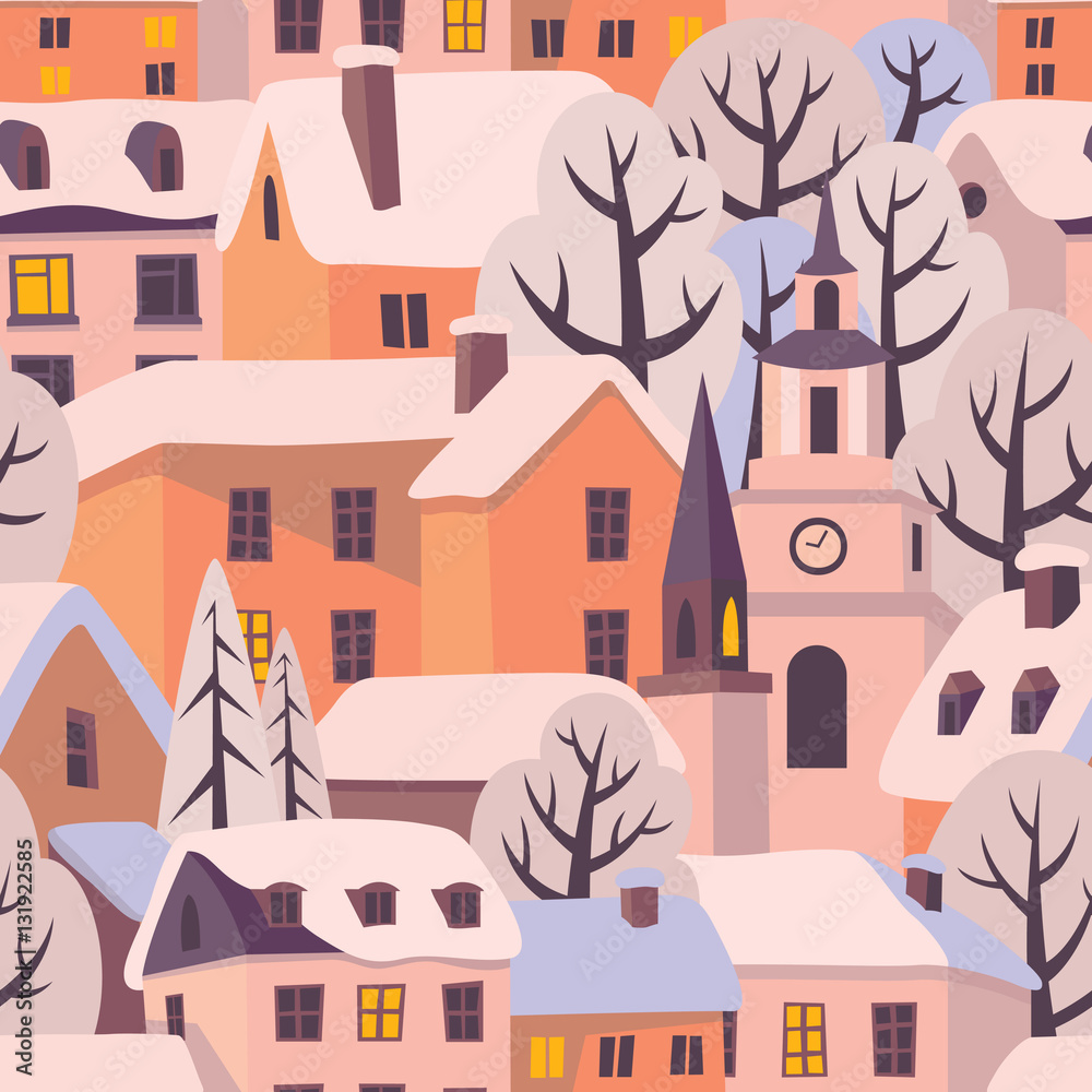 Winter city with snow-covered roofs. Vector seamless pattern.