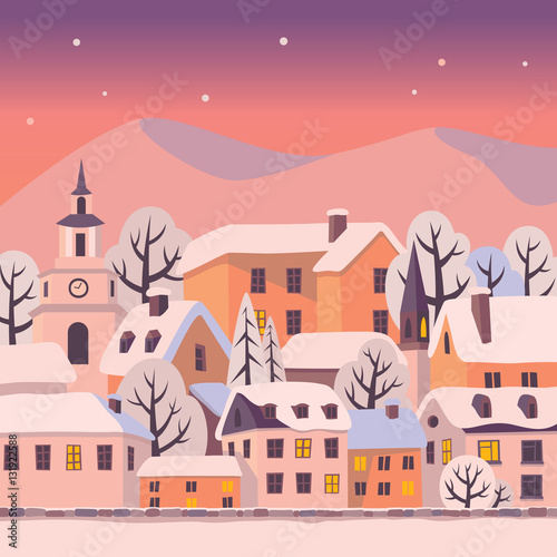 Winter city with snow-covered roofs. Vector Christmas card. © lunasolvo