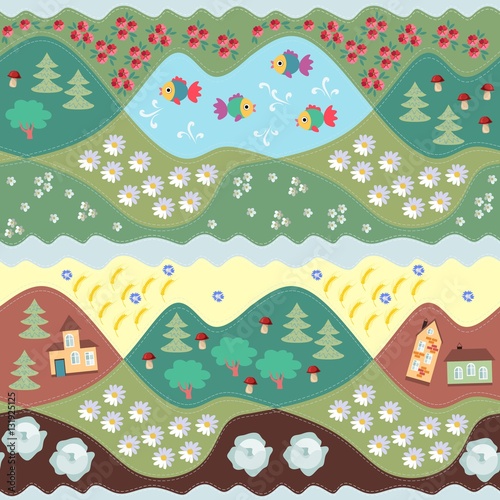 Cute summer seamless pattern. Print for fabric, paper, wallpaper, wrapping. Vector illustration. Countryside.