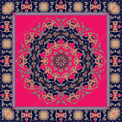 Carpet. Tablecloth. Shawl. Bandana. Vector. Boho style. Mandala and frame.