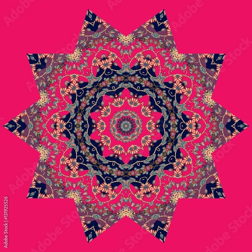Mandala on square crimson background.