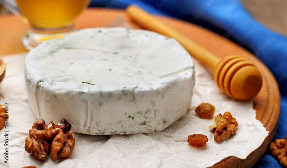 Camembert and brie cheese on wooden background with nuts spices and honey. Italian food. closeup .selective focus