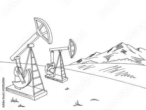 Oil extraction graphic black white landscape sketch illustration vector