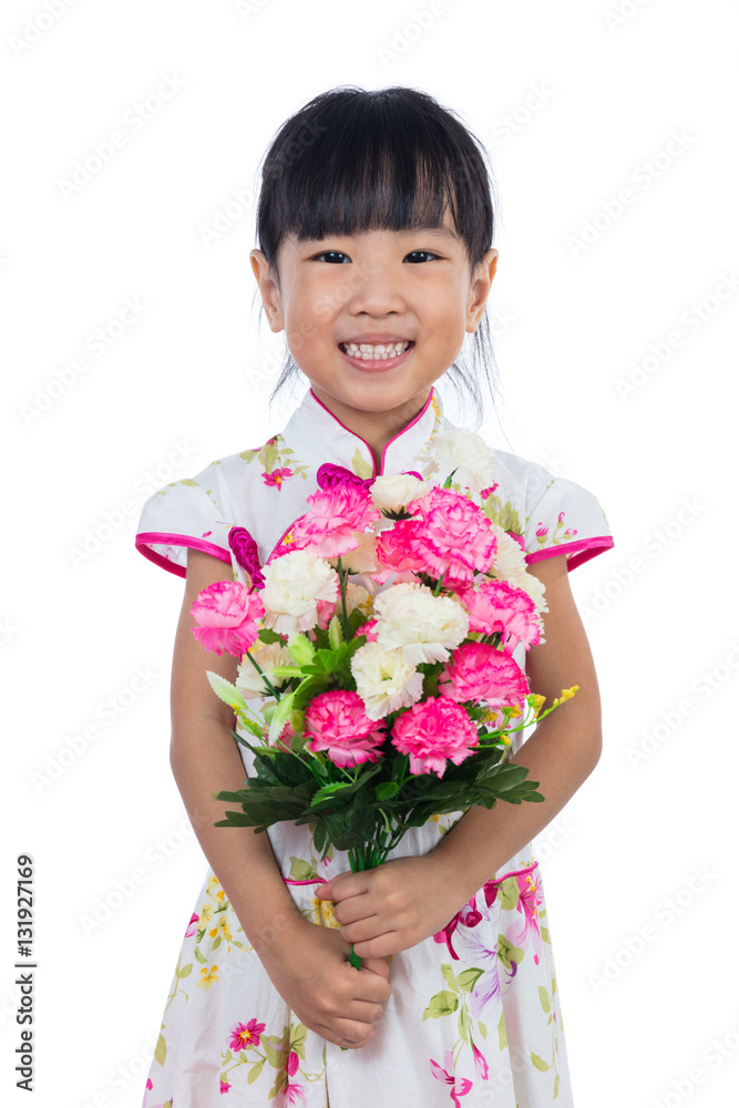 Asian Chinese little girl wearing cheongsam holding carnations f Asian Chinese little girl wearing cheongsam holding carnations f