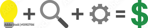 Light bulb, magnifier, gear equals dollar