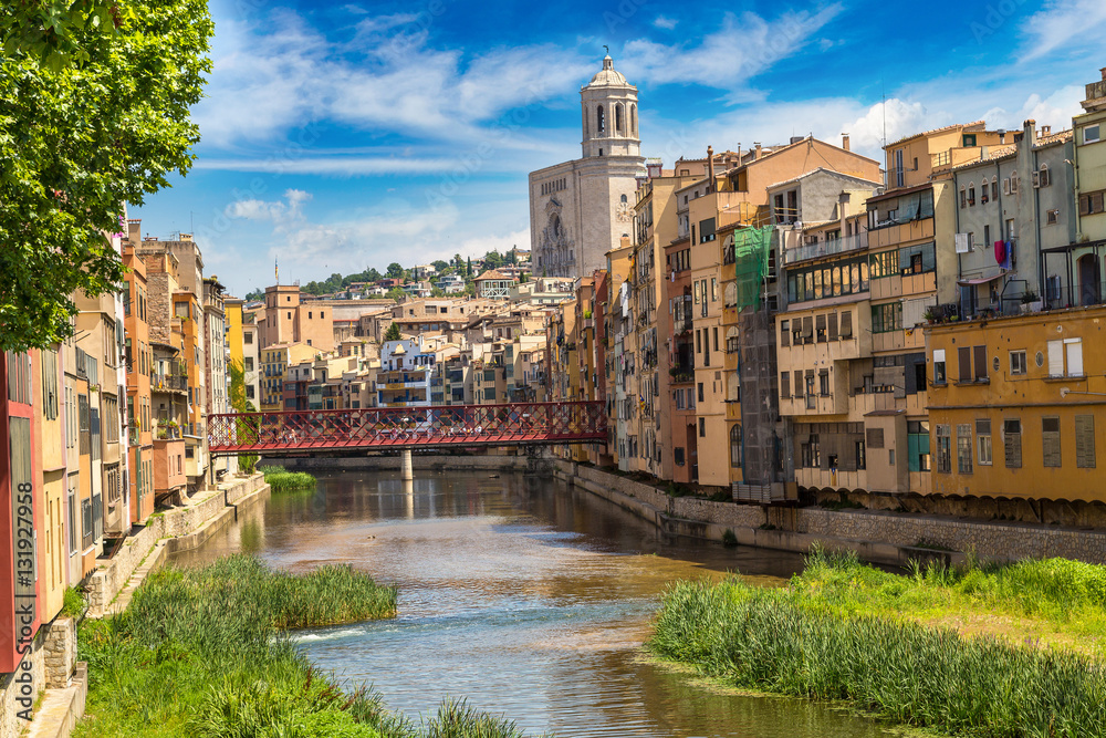 Colorful houses and Eiffel bridge in Girona