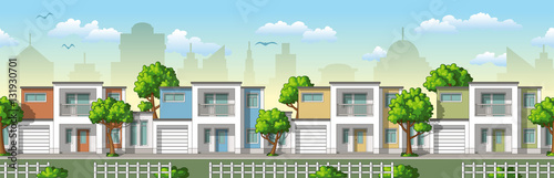 Seamless cityscape cartoon background with trees