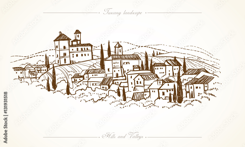 Tuscany Landscape hand drawn illustration