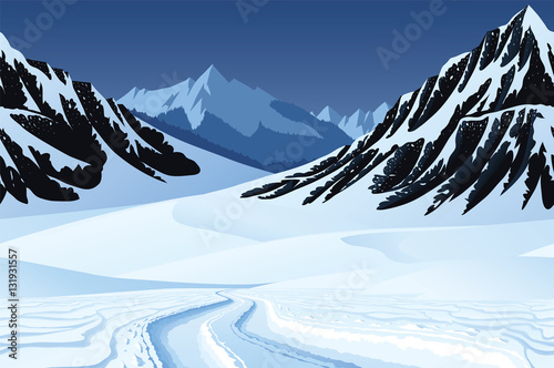 Seamless background with winter landscape, mountains, snow