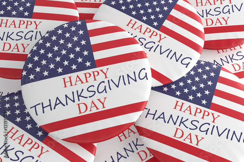 Fototapeta Naklejka Na Ścianę i Meble -  Pile of Happy Thanksgiving Day Badges With US Flag, 3d illustration