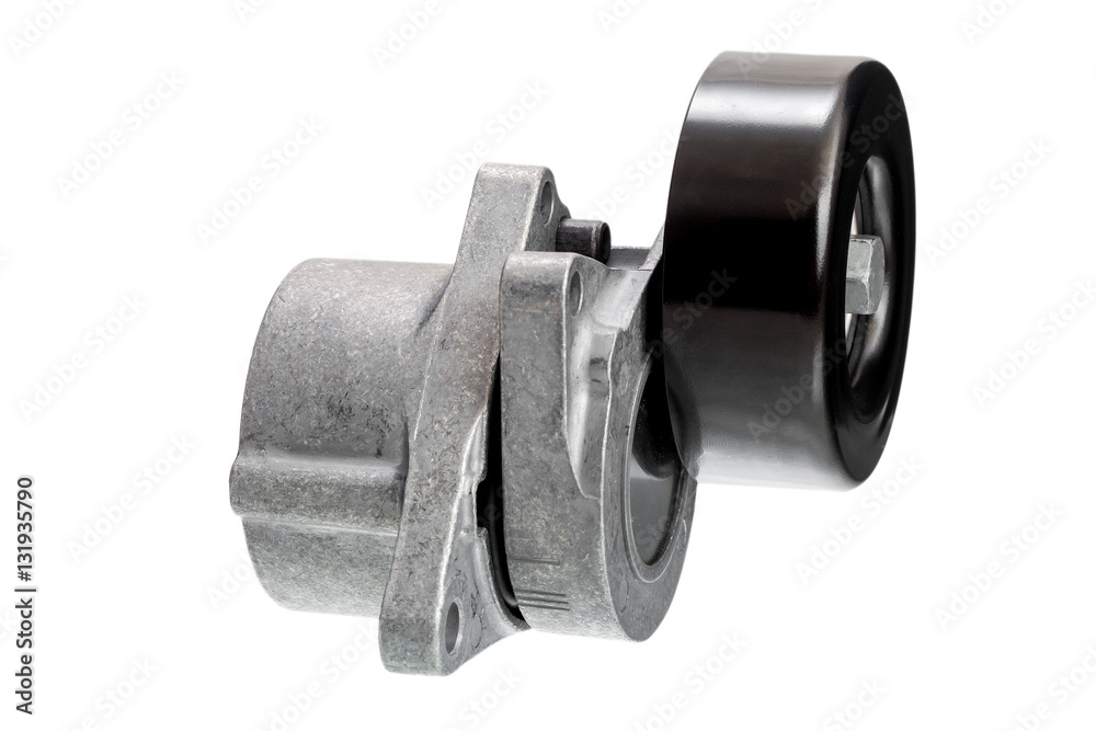 Belt tensioner for V-ribbed belt, on white background. Belt tensioner for V-ribbed belt, on white background.