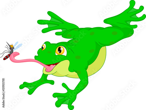 Green frog catching a mosquito cartoon