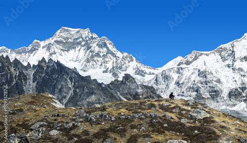 Panorama of Cho Oyu mauntain massif with peaks Gyachung Kang (7922 m) and Chakyng (7029 m) - Gokyo region, Nepal, Himalayas photo