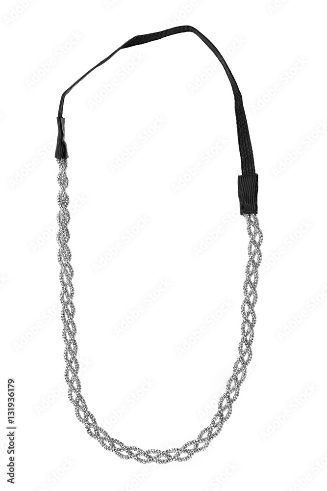 Silver metallic headband made of multiple weaved silvery fibers with a black textile elastic band, fashion item isolated on white background Silver metallic headband made of multiple weaved silvery fibers with a black textile elastic band, fashion item isolated on white background