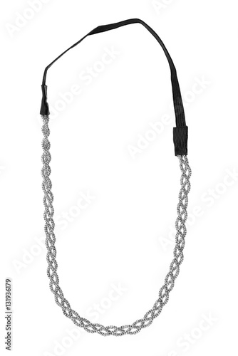 Silver metallic headband made of multiple weaved silvery fibers with a black textile elastic band, fashion item isolated on white background