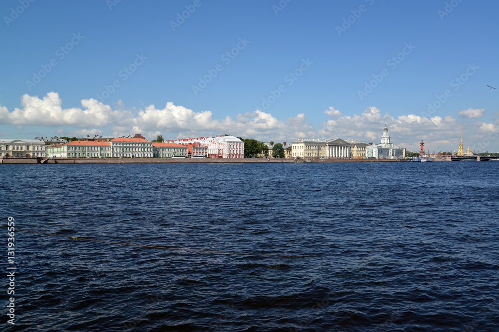 View of Universitetskaya Embankment and Big Neva in the summer a