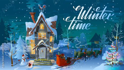Winter time. Night of Christmas, the Family house before a holiday. An illustration for card. New Year's poster