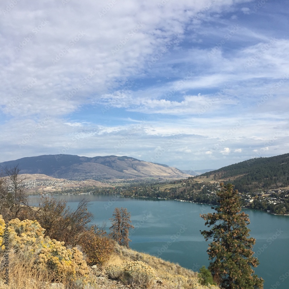 Scenic lake landscape with blue water, mountains,blue sky and white cloud patterns.Tall green tree and bushes isolated on hillside by lake in autumn. Yellow dry grass on hill and sunshine on mountain.