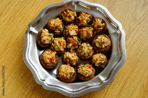 Platter of stuffed mushroom caps with vegan stuffing