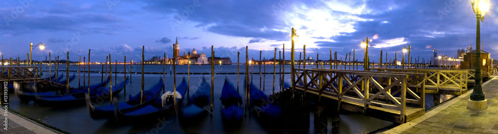 A panoramic view of the gondolas in Venice