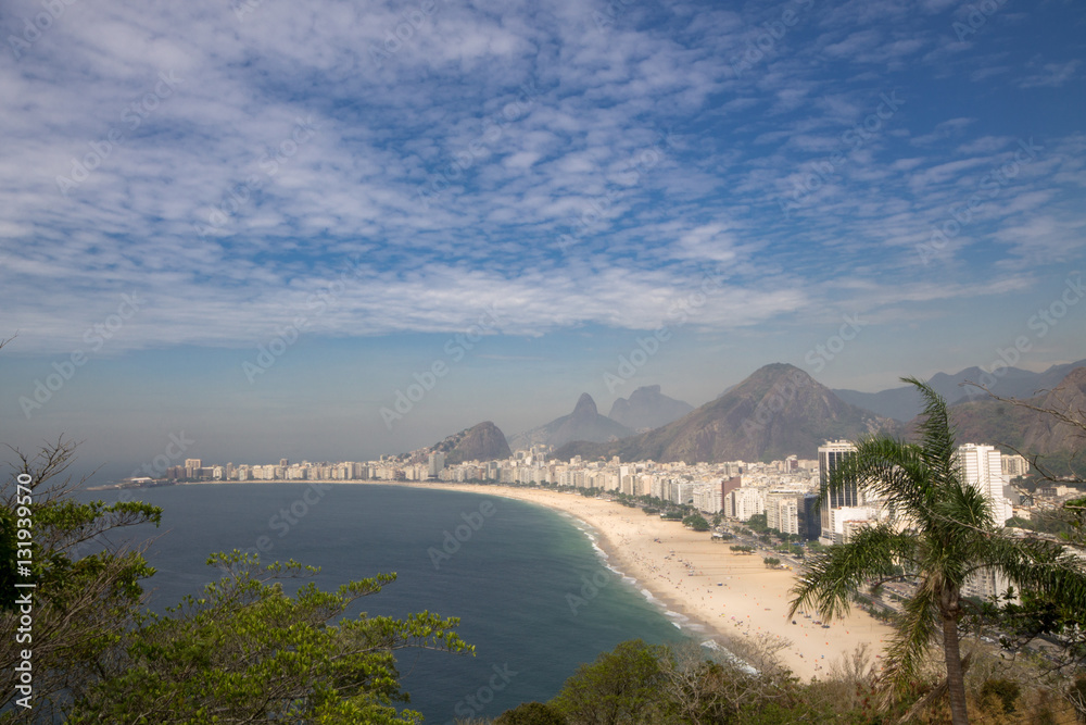 Aerial view of Leme and Copacabana beach in Rio de Janeiro with blue sky and white clouds