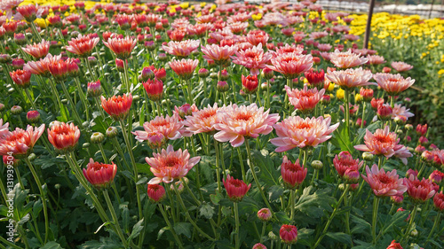 yellow and pink chrysanths flower farming in Thailand