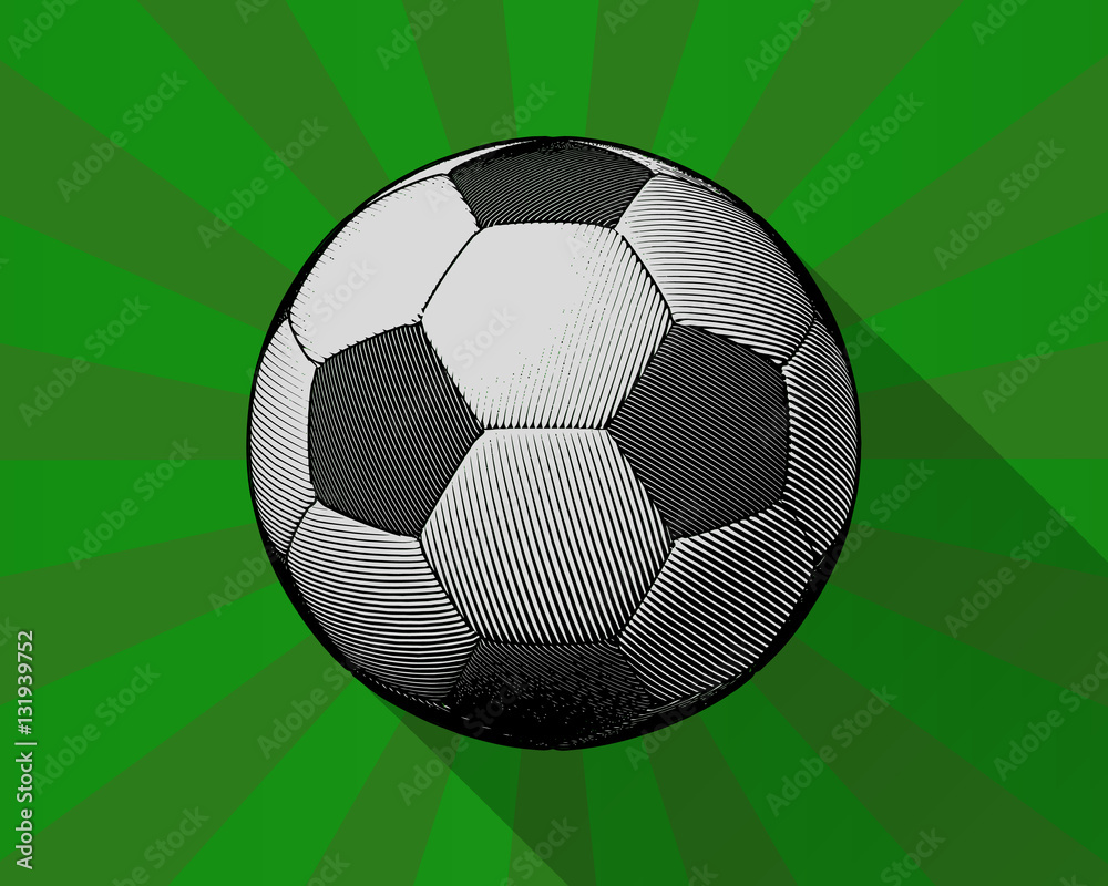 Obraz premium Engraving soccer ball on shining grenn BG