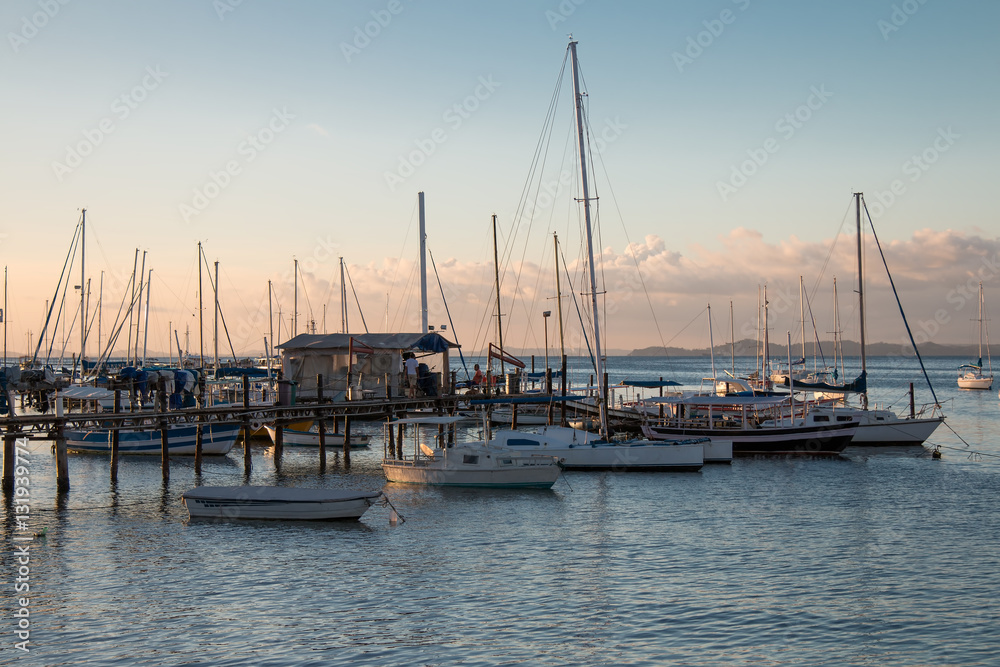 Sailboats anchored at the pier in the late afternoon