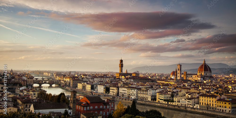 Panorama of Florence, Italy with thePonte Vecchio, Piazza Signoria and Duomo seen from the Piazza Michelangelo 