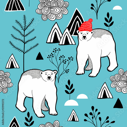 Endless pattern with polar bear in red heat, mountains and plants.