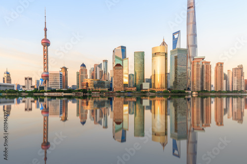 Shanghai skyline on the Huangpu River at dusk,China