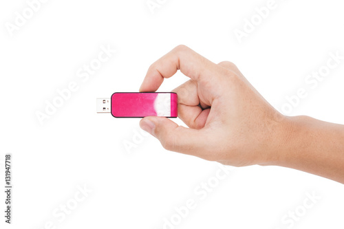Close-up Hand holding USB data storage flash drive, isolated on white backgrounds