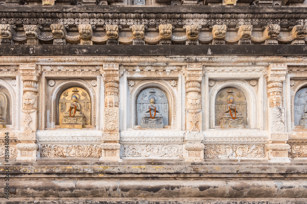 Decorated panel around pagoda at Mahabodhi Temple, Gaya, India
