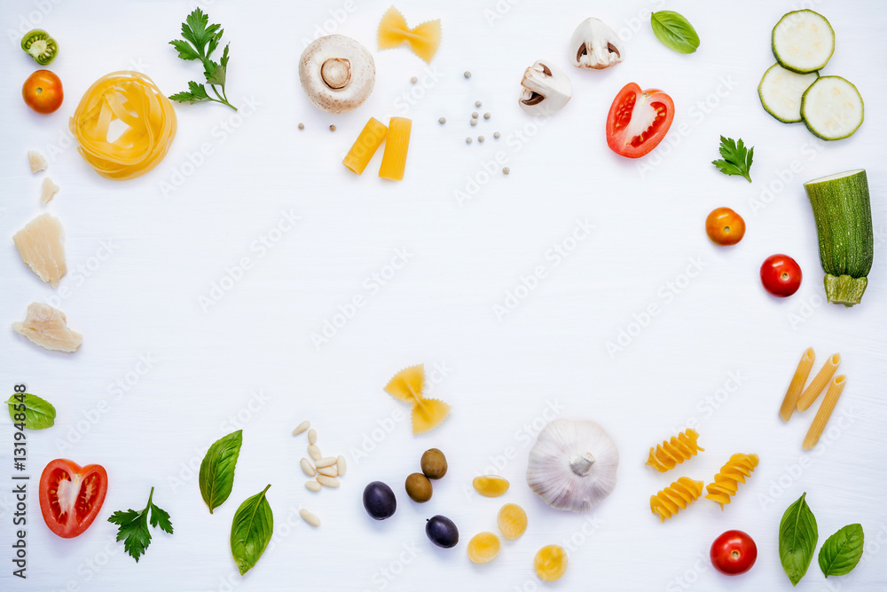 Italian food concept .Various kind of pasta with ingredients swe Italian food concept .Various kind of pasta with ingredients swe