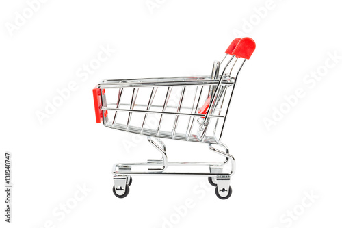 Shopping cart with red handle on white background