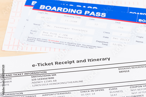 E-ticket and boarding pass; these documents are mock-up