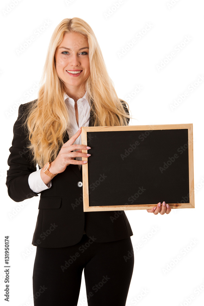 Naklejka premium business woman holding a blank blackboard - teacher