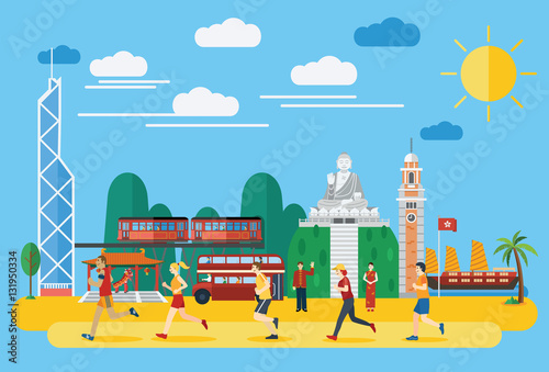 Flat design, Group of people running in Hong Kong, vector