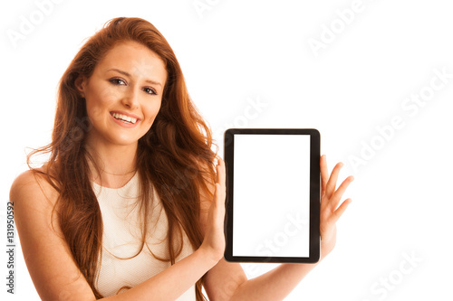 Business woman brousing the web on a tablet isolated over white