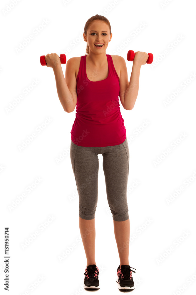 fitness gym - woman works out with dumbbells isolated over white fitness gym - woman works out with dumbbells isolated over white