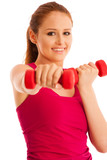 fitness gym - woman works out with dumbbells isolated over white