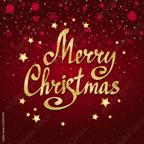 Merry Christmas calligraphic lettering with stars. Vector card