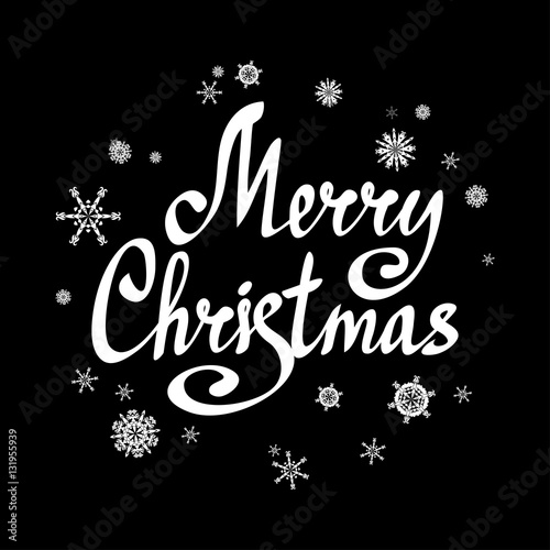 Merry Christmas calligraphic lettering with snow-flakes. Vector