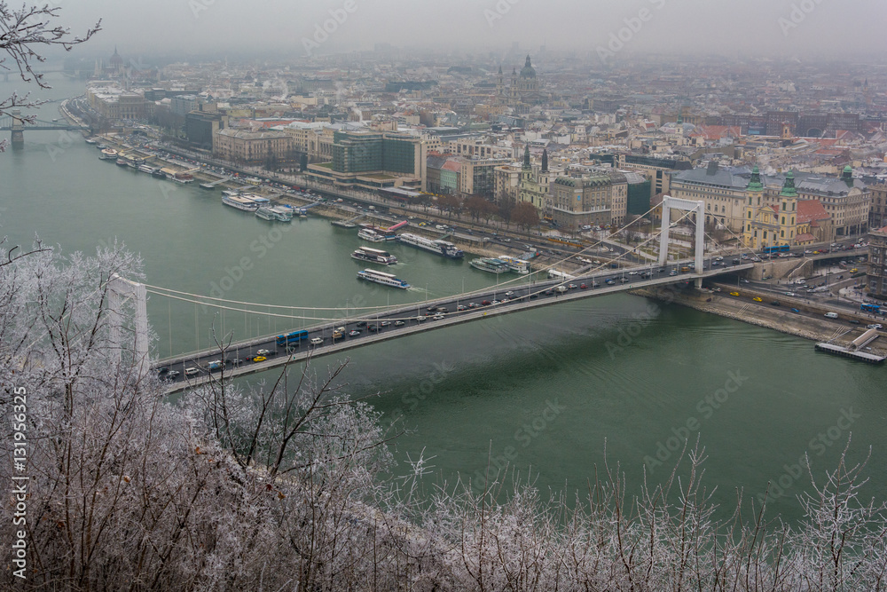 Elizabeth Bridge view from Gellert Hill in a snowy december morning, Budapest