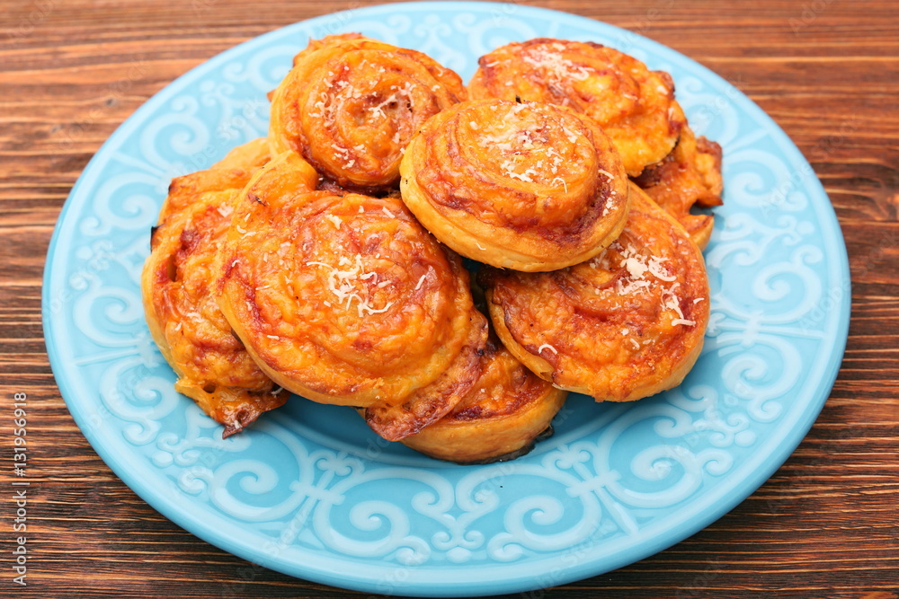 Puff pastry rolls with ham and cheese. Food for parties. Snack. Puff pastry rolls with ham and cheese. Food for parties. Snack.
